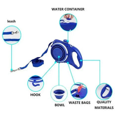 4-in-1 Retractable Dog Leash – with Water Bottle, Poop Bag Holder & Food Bowl