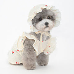 Cherry Printed Dog Cat Dress With Hat