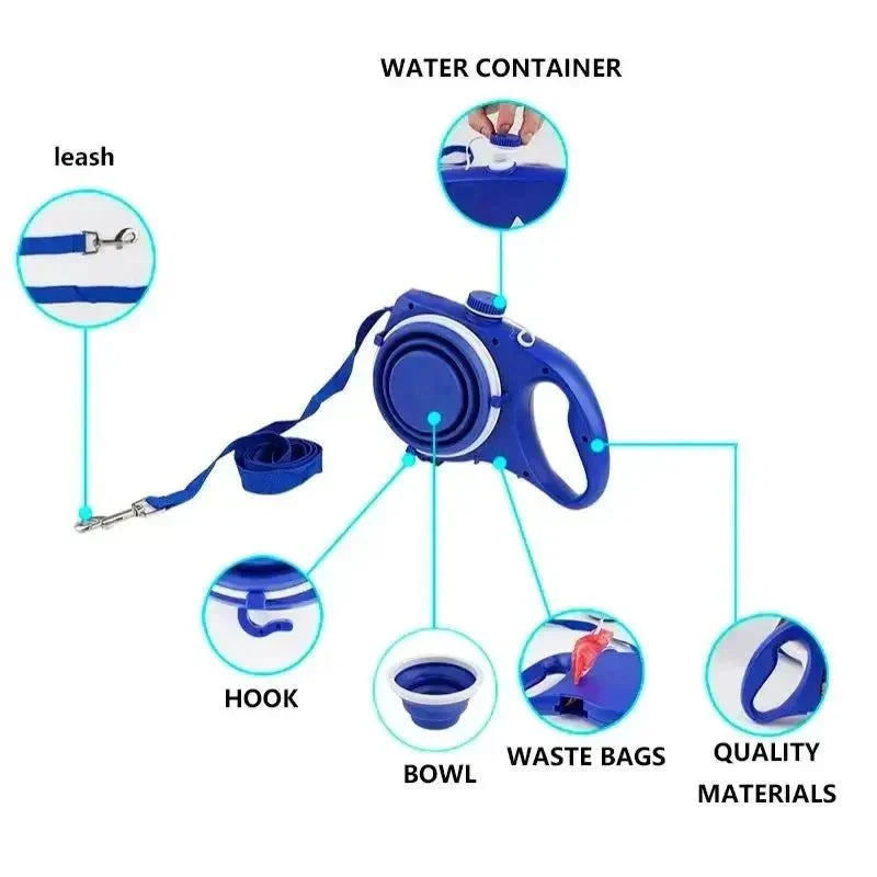 4-in-1 Retractable Dog Leash – with Water Bottle, Poop Bag Holder & Food Bowl