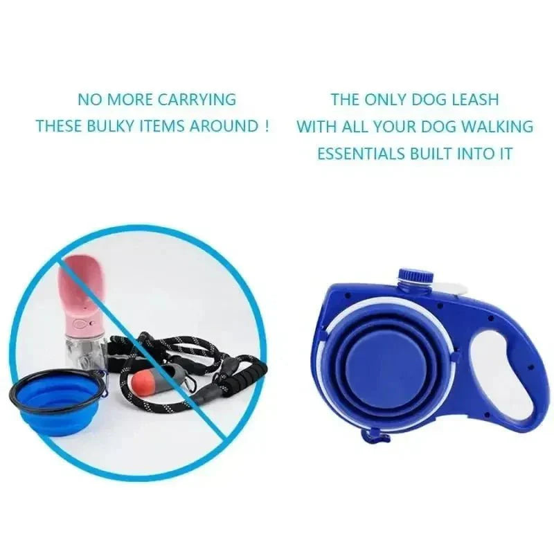 4-in-1 Retractable Dog Leash – with Water Bottle, Poop Bag Holder & Food Bowl