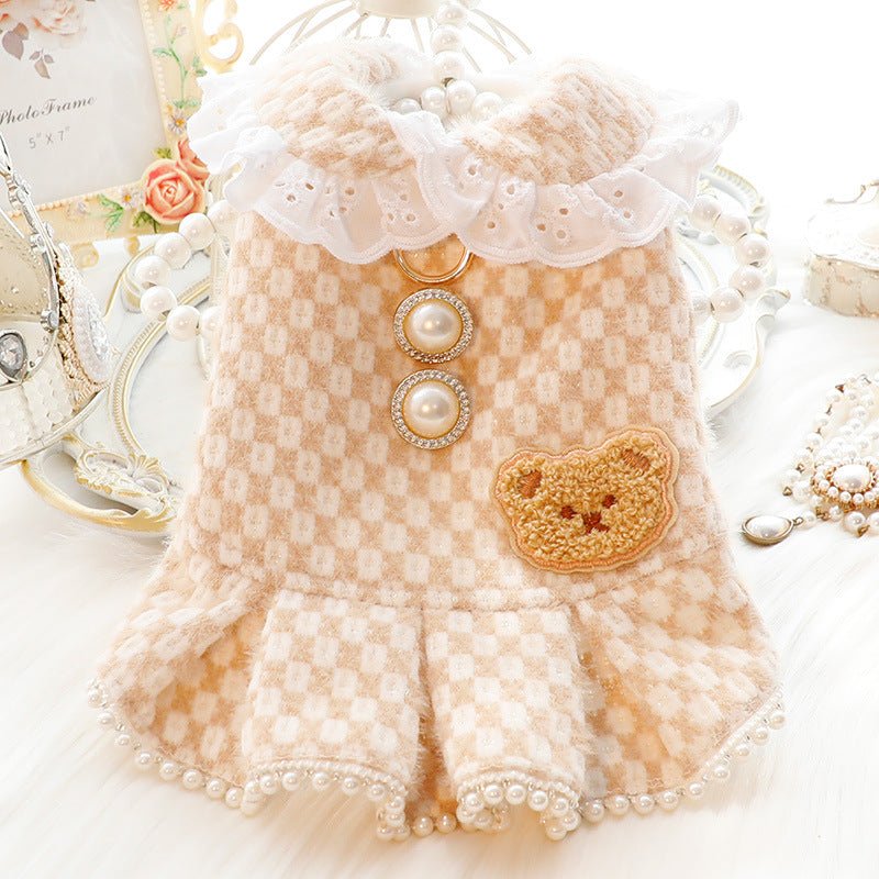 Royal Teddy: Fleece Pearl Bear Dress & Vest for Small Dog