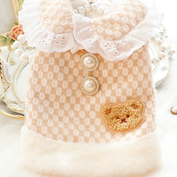 Royal Teddy: Fleece Pearl Bear Dress & Vest for Small Dog
