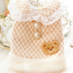 Royal Teddy: Fleece Pearl Bear Dress & Vest for Small Dog