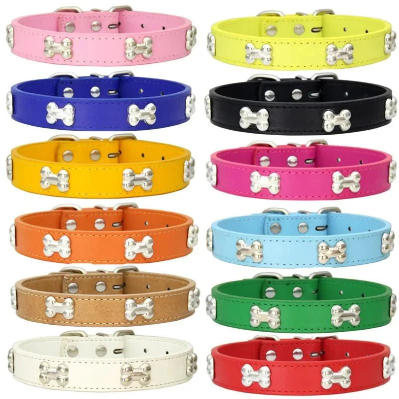 Leather Dog Collar with Bone Decoration